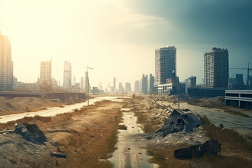 Post-apocalyptic landscape. City after the effects of global warming. Climate changes concept