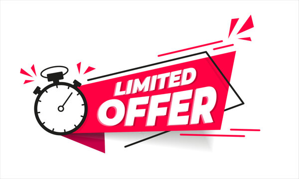 Modern banner of limited time offer with stopwatch timer  red ribbon. Logo, Icon, Design, Sticker, Concept, Greeting Card Template, Poster, Unit, Label, Web, Mnemonic - Vector