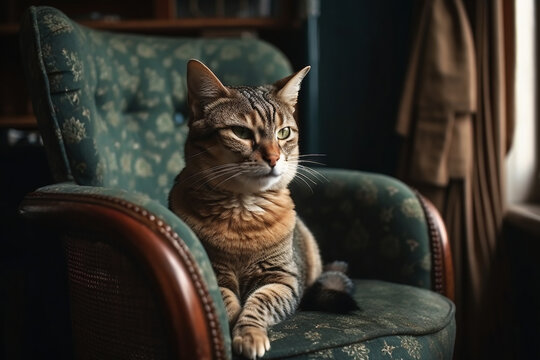 Aristocratic cat in a vintage chair AI Generative