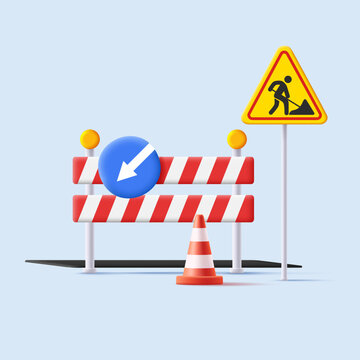 3d Illustration Od Street Road Sign Of Reparation Road Works With Detour And Striped Barrier With Cone And Lights