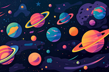 a colorful space scene with planets, astroids, stars, nebulas and comets. Concept and background related to space, space exploration and observation and astronomy