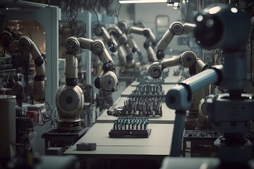 Industrial robotic arms in production line. Assembly manufacturing factory as Robots hands working in manufacturing conveyor of Futuristic automated artificial intelligence technology. Generative AI