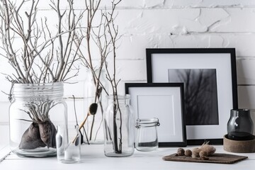 White backdrop with white photo frames that are blank and decorated with glass vases and dried twigs. mockup of a workspace in a hipster style. Generative AI