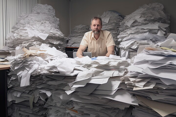 homme au milieu de piles de papiers sur son bureau