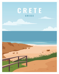 Scenic view of beach in crete Greece. vector illustration landscape background suitable for poster, postcard, card, print.