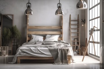 Close up of the inside of a master bedroom, which features a wooden bed, bedding in shades of gray and white, white and black walls, and a ladder in the corner. mock up toned double exposed image