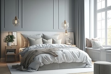 Fototapeta premium Minimal modern cozy bedroom, a space for relaxation and rest, AI generated