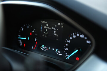 Close up of a speedometer of a modern car. 