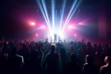 Plakat Future of crowded concert hall on stage with scene stage lights, rock show performance