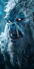 Fearsome abominable snowman or ice giant monster. Concept of scary folklore creature. - obrazy, fototapety, plakaty