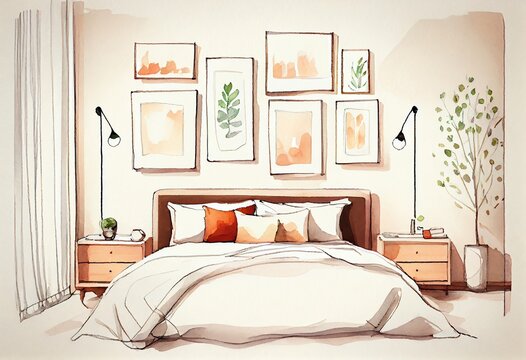 Watercolor Illustration of a Bedroom With Blank Photoframes On Wall With Copy Space. Generative AI