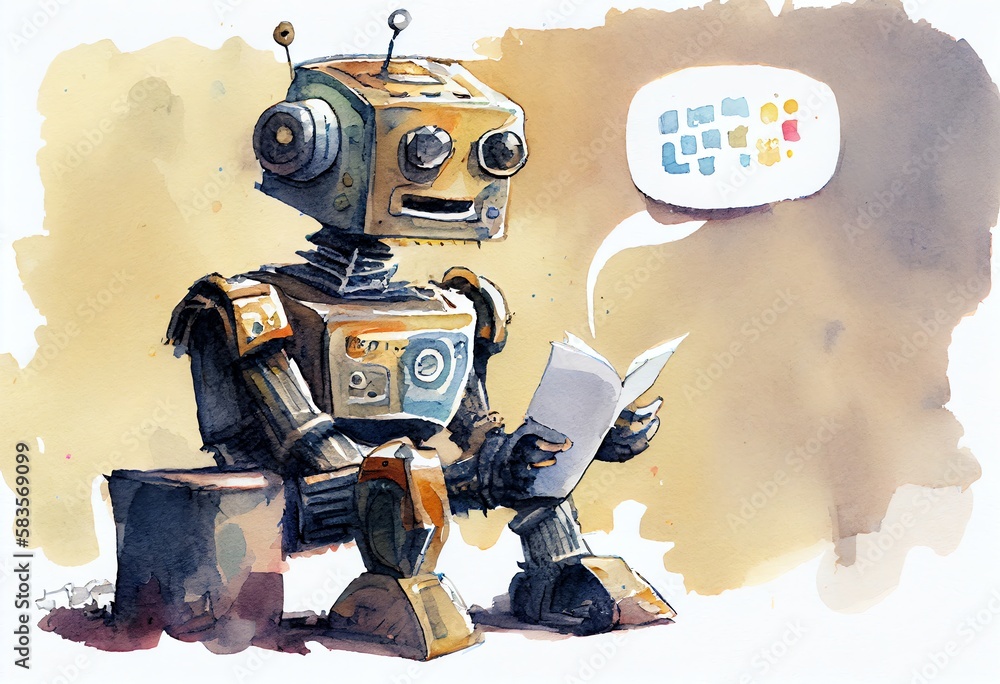 Poster watercolor illustration of a chatgpt robot learning and answering questions. generative ai