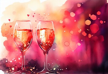 Watercolor Illustration of a Champagne Toast For The Saint ValentineS Romantic Dinner Or Wedding , Two Glasses, Shiny Red Bokeh Background. Generative AI