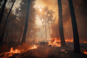 Forest fire, flames and smoke among the trees. Generative AI