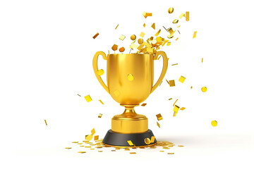 3D Trophy cup with confetti. Gold winner prize. Champion reward. First place