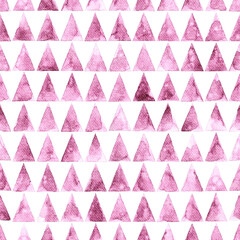 Seamless watercolor pattern. Cute geometric background. Grunge paper texture. Pink triangles on a white background. Handmade.