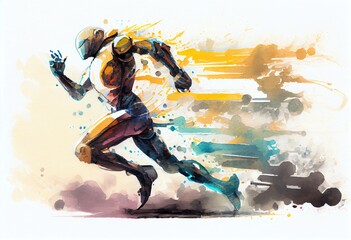 Watercolor Illustration of a Cyborg Running Fast, Artificial Intelligence Robot, Future Technology, Humanoid Machine. Generative AI