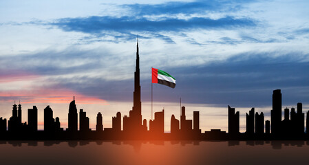 United Arab Emirates flag and Dubai skyline view at sunset. UAE celebration.