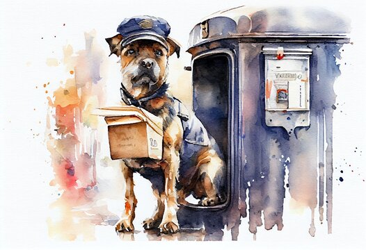 Watercolor Illustration of a Dog As A Postal Worker, Concept Of Postal Delivery And Pet Care,. Generative AI