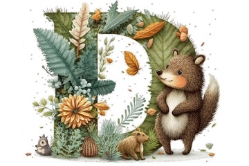 alphabet letter D monogram initial preschool forest child nursery decor school nature capital upper case letter wall art poster animal kid birthday toddler baby cute adorable wallpaper sticker party