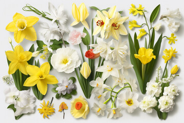 flat view of different spring flowers on white background. Generative AI