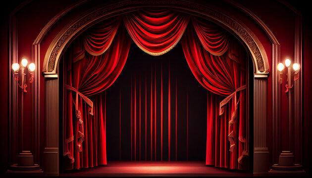 Red stage curtain with arch entrance stage with lighting Ai generated image