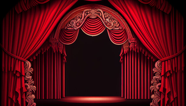 Red stage curtain with arch entrance stage with lighting Ai generated image
