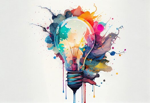 Watercolor Illustration of a Image Of Lightbulb With Colourful Stains On White Background. Generative AI