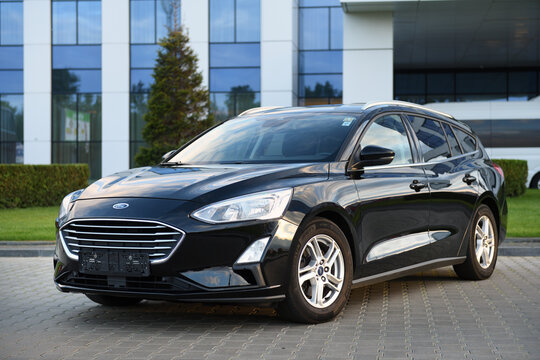 Belarus, Minsk -23.09.2022:A black 2019 Ford Focus wagon pulled up outside the hotel. The Focus is one of the most popular compact cars on