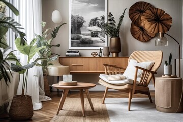 Beautifully decorated living room in a Scandinavian apartment with a fashionable chair, a timepiece, abstract art, a leafy tropical plant, a large letter, and fine accents. modern interior design. Tem