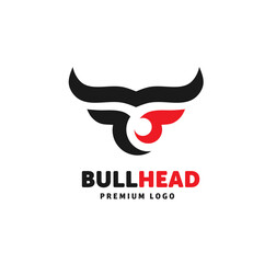 Obraz premium Bull head logo design - red and black editable vector icon with copy space over a white background
