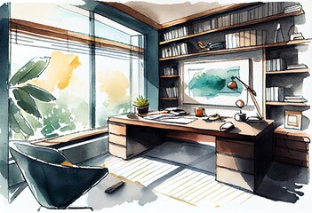 Watercolor Illustration of a Modern Cozy Home Office With Ergonomic Desk And Natural Light. Generative AI