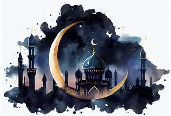 Watercolor Illustration of a Mosque And Crescent Moon On Dark Blue Sky, Ramadan Concept. Generative AI