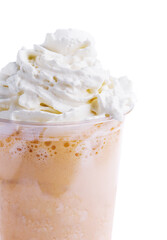 Chocolate milkshake with whipped cream on white