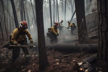 team of firefighters put out a fire in the forest. Generative AI