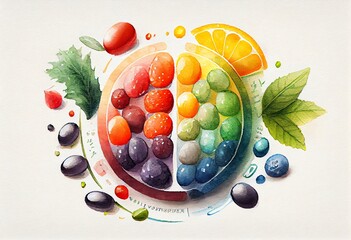Naklejka na ściany i meble Watercolor Illustration of a Tablet Capsule Inside With Vitamins Of Various Groups, Fruit Useful. Generative AI
