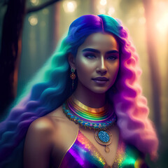 A Rainbow Haired Goddess in the Woods, Created with Generative AI Technology
