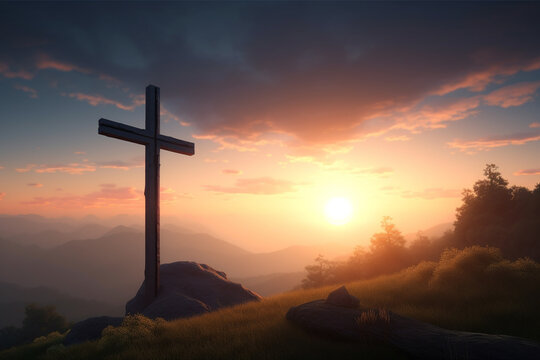 Cross crucifixion on a hill against the backdrop of sunset. easter concept. Generative AI