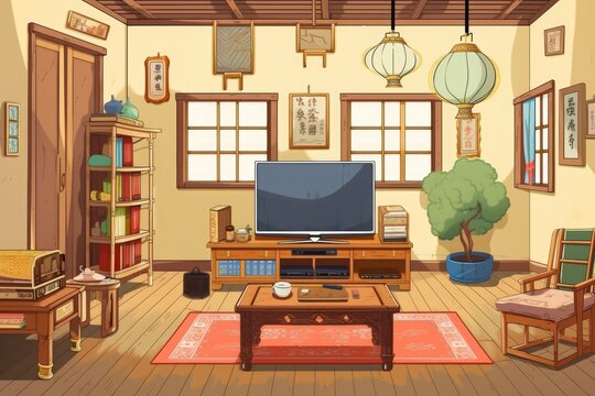 An Asian home's basic living room includes a sofa set, a TV and bookshelves, a pendulum clock, and wall artwork. Food is served at the table and there is artwork, a cartoon, and a background