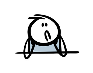 Cartoon sad sleepy stickman boy is sitting in depression with his head propped on his hands and longing.