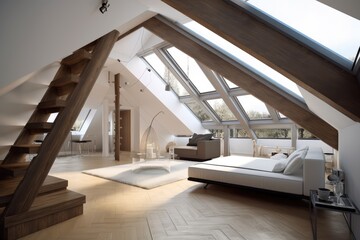 A modern attic inside is a stylish and functional living space that has been designed to make the most of the unique characteristics of an attic. Generative AI