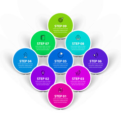 Infographic template. 9 standing circles with icons and text