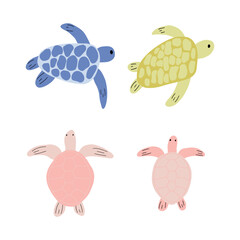 Turtle Character sea animal on deep background. Wild life illustration. Underwear world. Vector illustration.