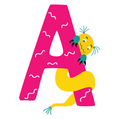 English letter. Alphabetical isolated element in children's style, hand drawn. Cartoon monster.