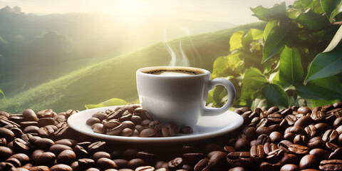 frischer heißer Kaffee mit natürlichen Hintergrund, generative AI - obrazy, fototapety, plakaty