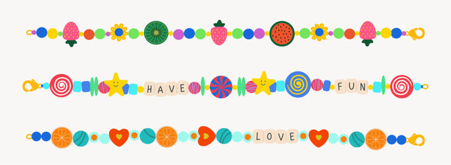 Abstract vector plastic beads colorful kids bracelets illustration set. Love and friendship old school 90s cartoon style wristbands collection Isolated