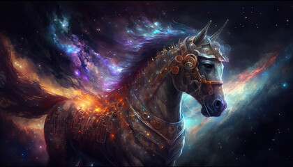 a medieval scifi horse in the galaxy, epic armor, wallpaper art