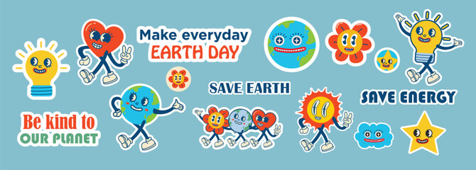 Save the planet stickers in trendy retro cartoon style. Set of Earth Day posters. Postcards for World Environment Day. Funny vector illustrations of planet Earth, sun and eco stickers