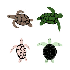 Turtle Character sea animal on deep background. Wild life illustration. Underwear world. Vector illustration.