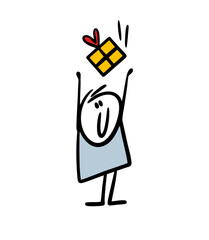 Stickman raised hands up and catches a birthday gift falling from the sky.